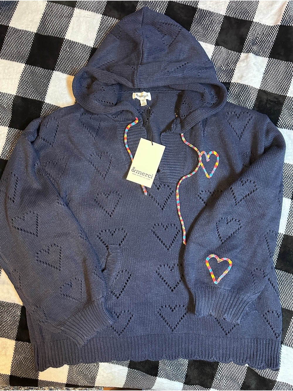 &merci Navy Heart-Pattern Hooded Knit Pullover